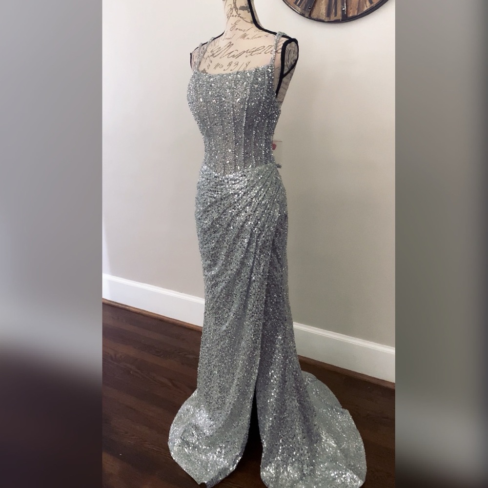 Sparkly silver prom dress or pageant evening gown